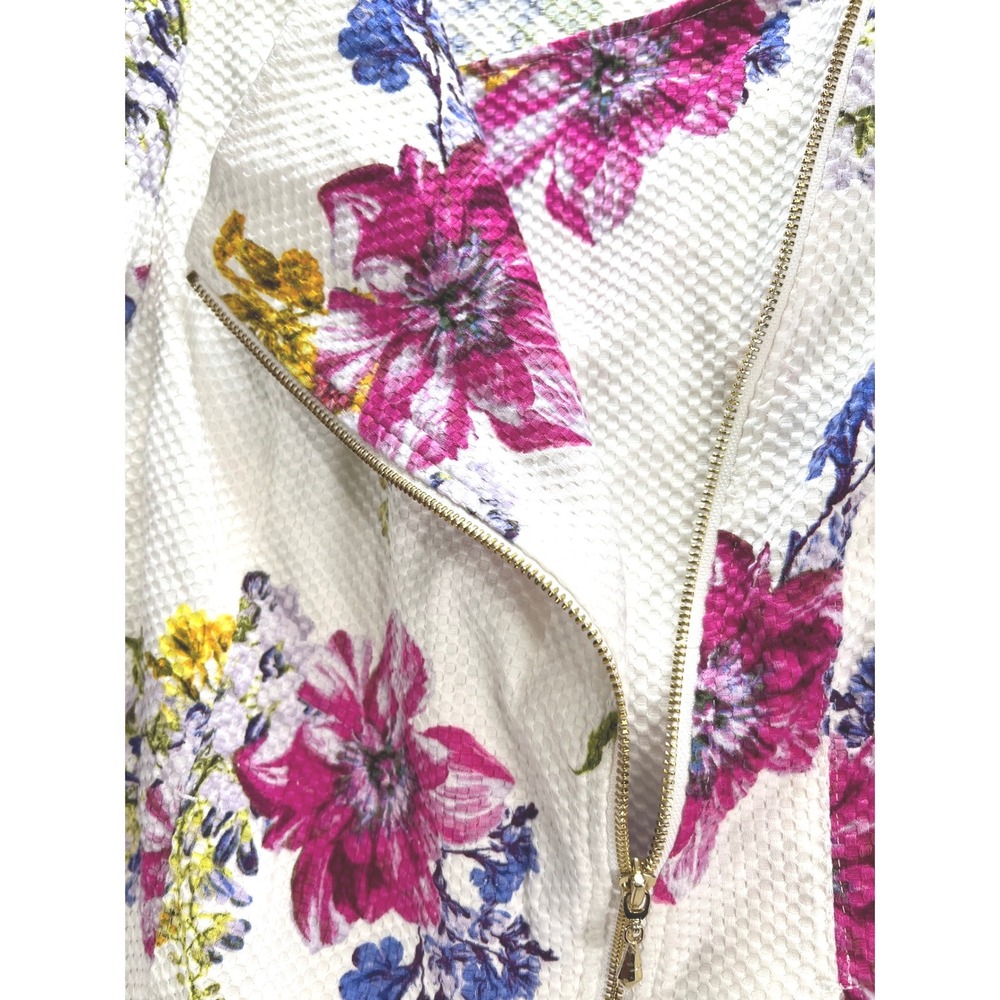 Susan Graver Floral Moto Jacket White Textured Waffle Knit Asymmetric Zip Size 6 - Picture 8 of 15